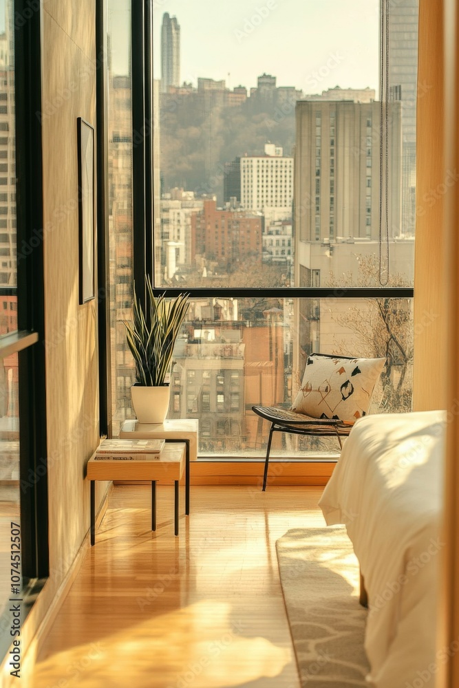 Minimalist Hotel Room with City View: A sleek, minimalist hotel room featuring a floor-to-ceiling window showcasing a breathtaking cityscape. Modern hotel room interior. Minimalist Hotel Room with City View: A sleek, minimalist hotel room featuring a floor-to-ceiling window showcasing a breathtaking cityscape. Modern hotel room interior.