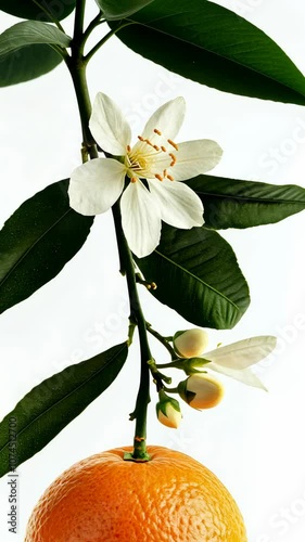 A single orange blossom blooms on a branch with green leaves, just above a ripe orange