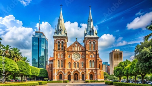 Minimalist Photography of Notre Dame Cathedral in Ho Chi Minh City, Vietnam, Showcasing Architectural Elegance and Cultural Heritage in a Serene Urban Setting