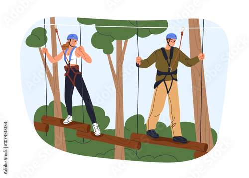 Adventure rope course in park. Couple walking on suspended log bridge, overcoming obstacles among trees. Outdoor recreation, summer entertainment. Flat vector illustration isolated on white background