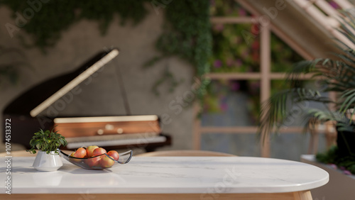 A close-up of a dining table in a contemporary restaurant, with a grand piano in the background.