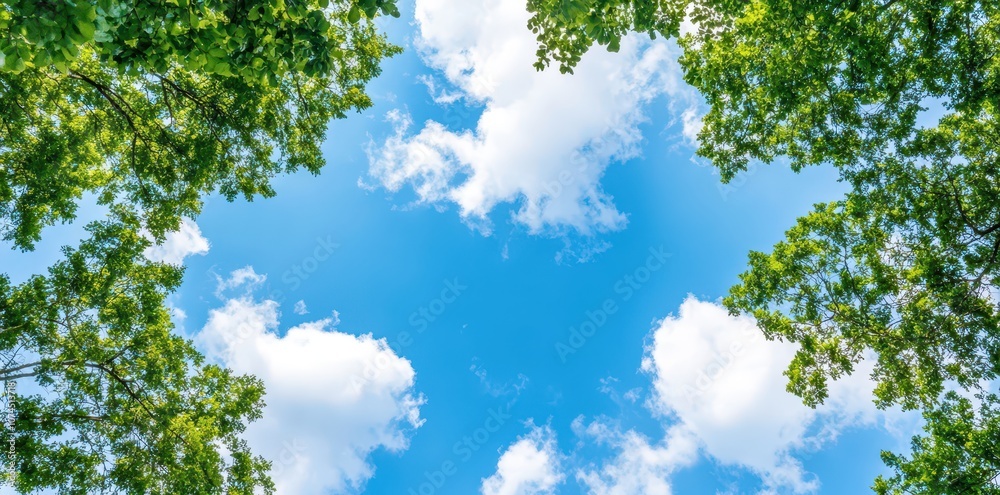 Obraz premium Vibrant afternoon sky adorned with fluffy scattered clouds, creating a picturesque and serene atmosphere.