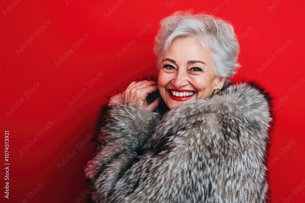 A happy older woman wearing a fur coat and smiling, suitable for use in fashion or lifestyle imagery A happy older woman wearing a fur coat and smiling, suitable for use in fashion or lifestyle imagery