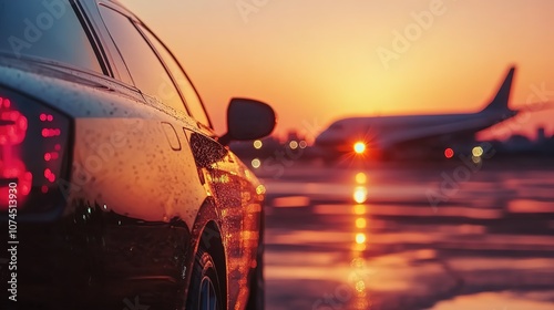 Business Class Experience, Luxury limousine Car and Private Jet on the Runway at evening sunset. Business class shuttle service. Airport transfer photo