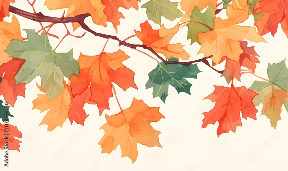 Fototapeta premium Maple branch watercolor illustration with colorful leaves on white background, Generative AI 