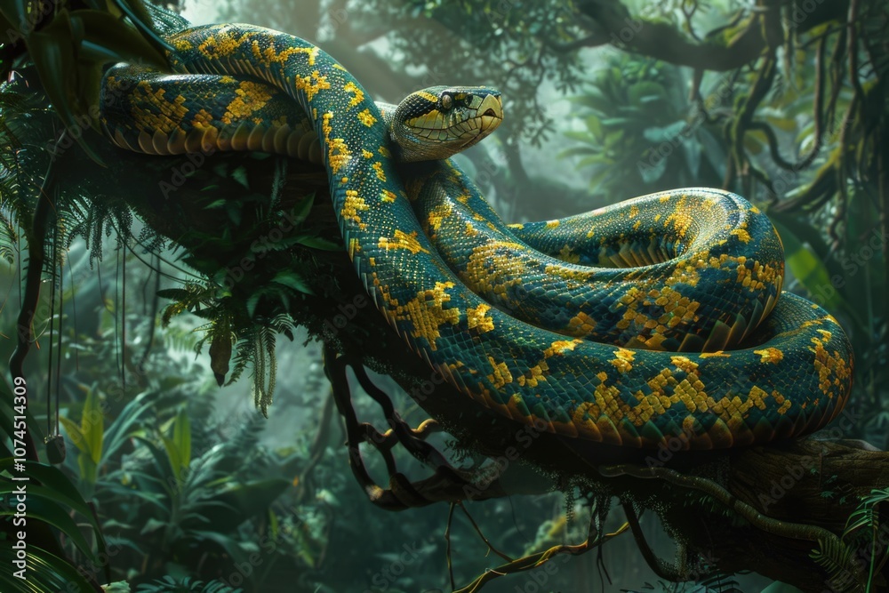 A green and yellow snake resting on a tree branch A green and yellow snake resting on a tree branch