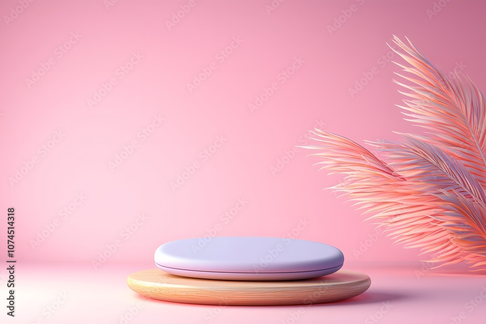 Elegant Curved Oval Podium in Soft Pastel Purple Color Against Light Background with Delicate Feathery Elements for Stylish Product Display or Presentation Elegant Curved Oval Podium in Soft Pastel Purple Color Against Light Background with Delicate Feathery Elements for Stylish Product Display or Presentation
