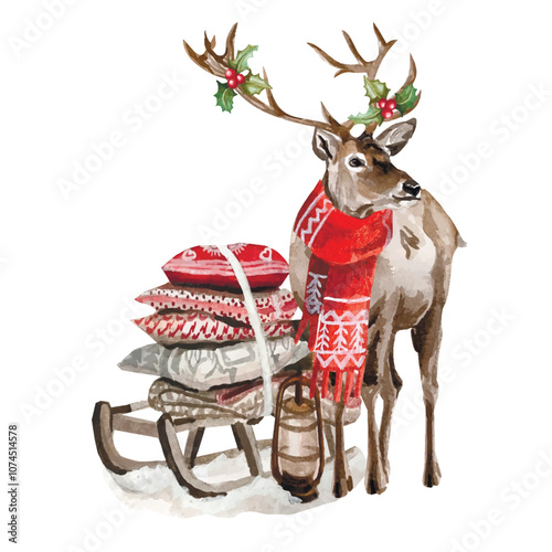 Vector freehand watercolor illustration of Christmas Deer isolated on white background. Hand drawn watercolour Reindeer painting. Design cards