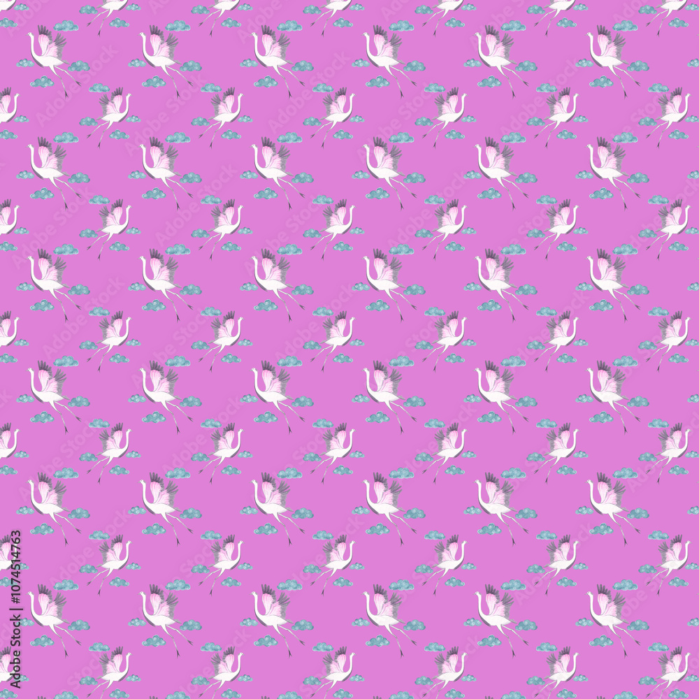 10 Seamless Pattern Set, Watercolor birds, Scrapbook Paper, pattern Fabric, Beautiful Backgrounds, White birds ,background of purple colors, birds fly
