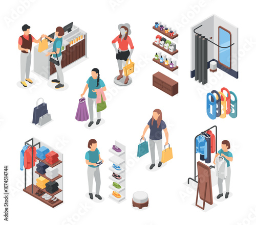 Isometric clothing store elements. Fitting cabin, mannequin, stands with accessories and glasses. Shoppers and sellers, boutique flawless vector set