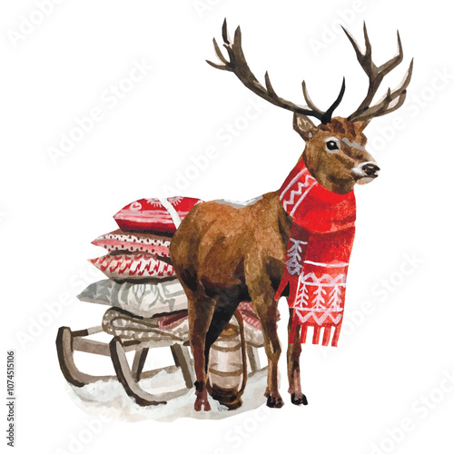 Vector freehand watercolor illustration of Christmas Deer isolated on white background. Hand drawn watercolour Reindeer painting. Design cards