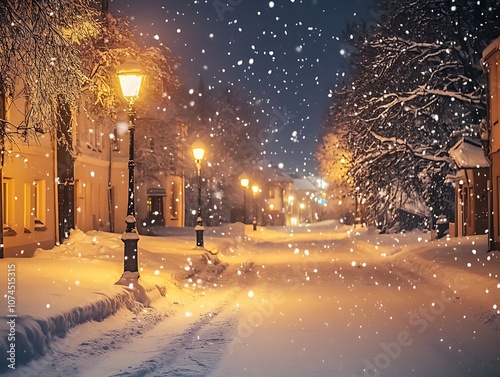 Snowy Street Scene with Illuminated Streetlights at Night