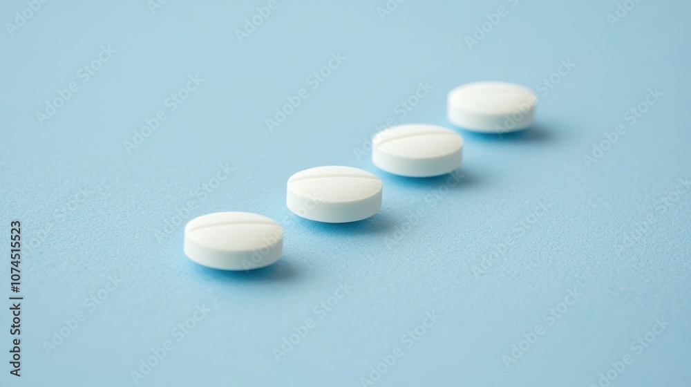 Clean and Minimalist Arrangement of Four White Round Tablets on Soft Blue Background Highlighting Modern Pharmaceutical Aesthetics and Health Care Concepts Clean and Minimalist Arrangement of Four White Round Tablets on Soft Blue Background Highlighting Modern Pharmaceutical Aesthetics and Health Care Concepts