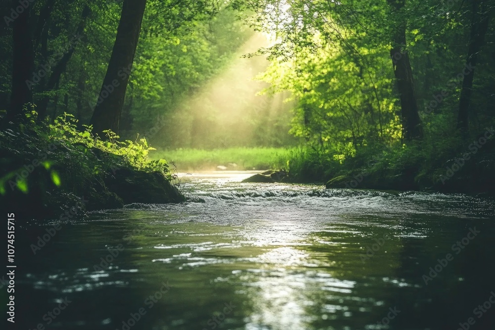 A peaceful scene of a stream flowing through a dense and vibrant forest A peaceful scene of a stream flowing through a dense and vibrant forest