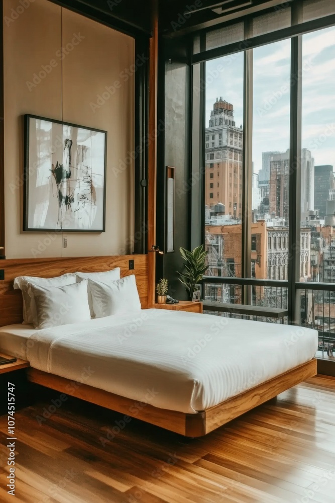 Minimalist Hotel Room with City View: A sleek, minimalist hotel room featuring a floor-to-ceiling window showcasing a breathtaking cityscape. Modern hotel room interior. Minimalist Hotel Room with City View: A sleek, minimalist hotel room featuring a floor-to-ceiling window showcasing a breathtaking cityscape. Modern hotel room interior.