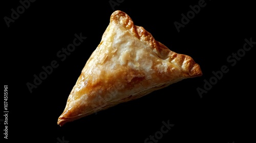 Golden Flaky Pastry Triangle Isolated on Black Background, Deliciously Baked Puff Pastry Treat Freshly Made with Crispy Crust and Soft Inside