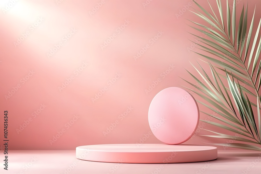 Fototapeta premium Smooth Rounded Podium in Pastel Coral Set Against Soft Background with Tropical Leaf for Stylish and Elegant Display or Product Presentation
