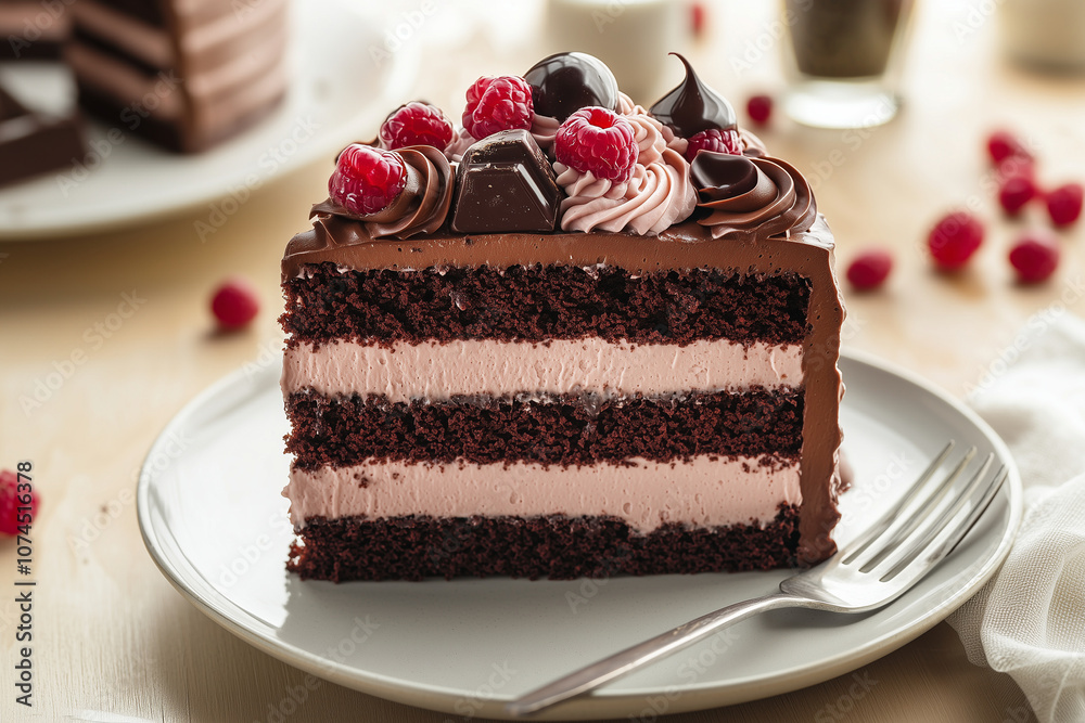 Chocolate raspberry layer cake slice with whipped frosting and berry garnish. Chocolate raspberry layer cake slice with whipped frosting and berry garnish.