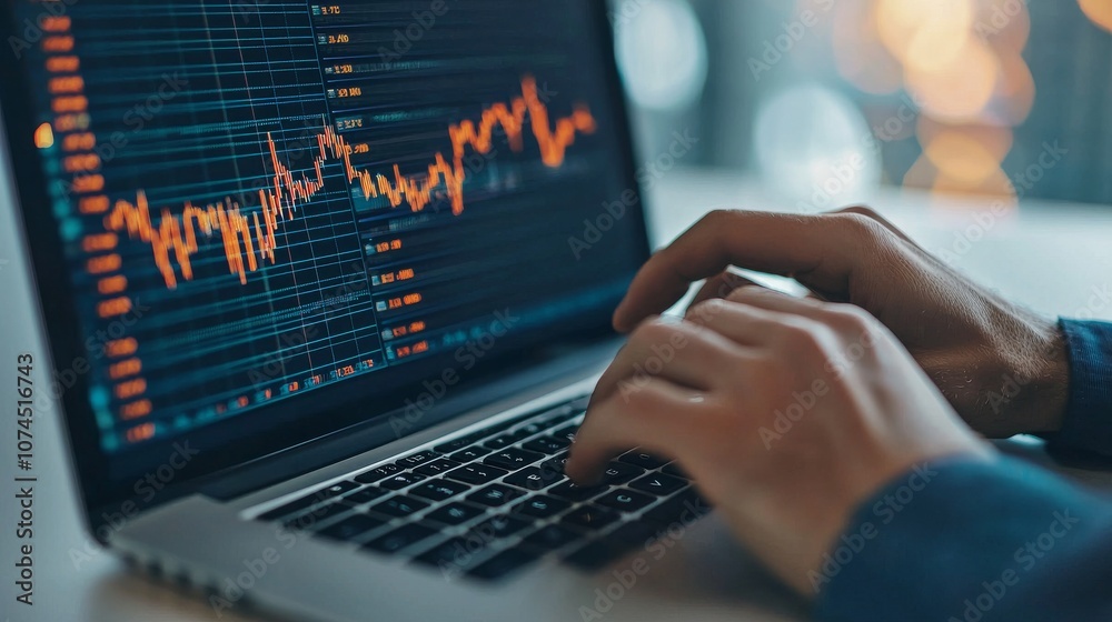 Hands Typing on Laptop With Stock Market Graph On Screen Hands Typing on Laptop With Stock Market Graph On Screen