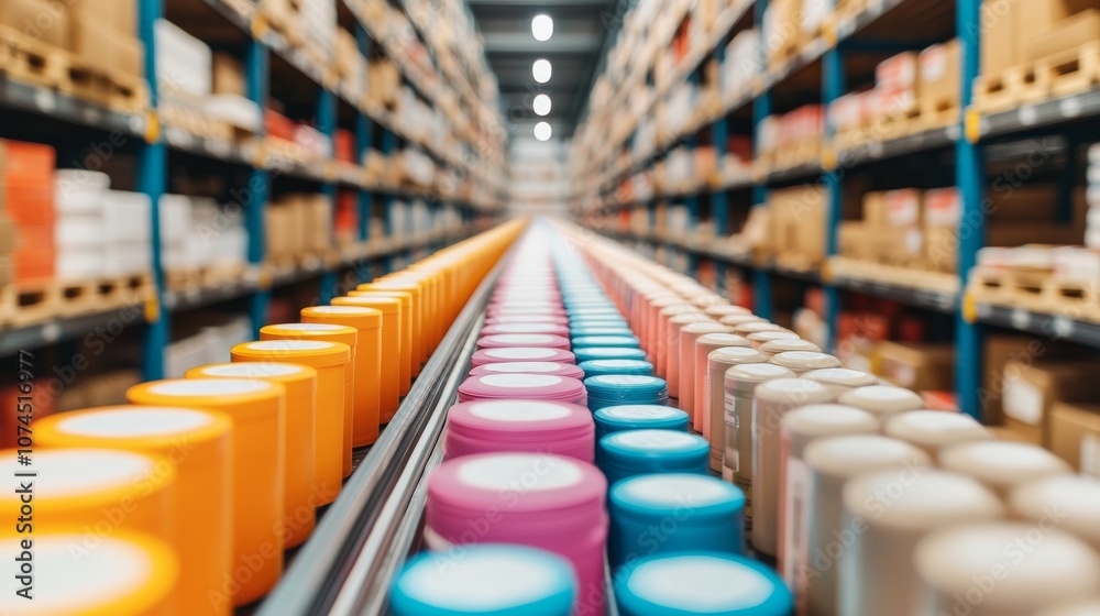 Fototapeta premium Conveyor Belt Carrying Cans Through Warehouse