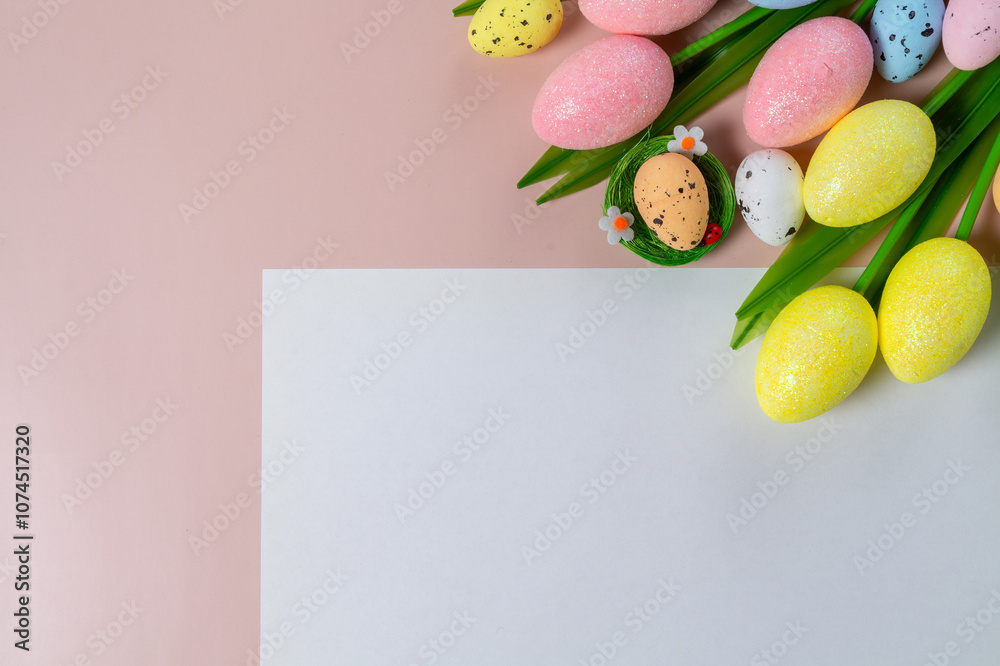 Easter beige background with flowers and eggs. A4 paper sheet copy space postcard top view Easter beige background with flowers and eggs. A4 paper sheet copy space postcard top view