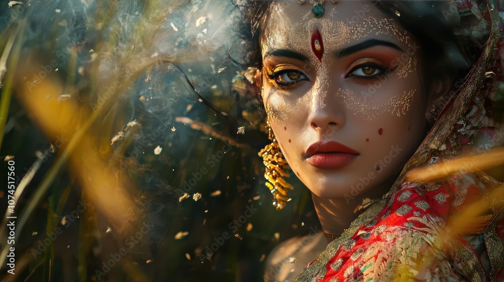 Captivating Portrait of a Beautiful Woman with Stunning Makeup and Traditional Attire Surrounded by Nature, Exuding Elegance and Cultural Richness in a Mystical Setting Captivating Portrait of a Beautiful Woman with Stunning Makeup and Traditional Attire Surrounded by Nature, Exuding Elegance and Cultural Richness in a Mystical Setting