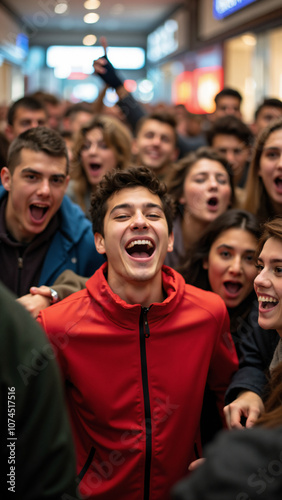 Frenzied Shoppers in Crowded Mall: Black Friday Sale Chaos Captures Consumer Excitement for Retail Marketing