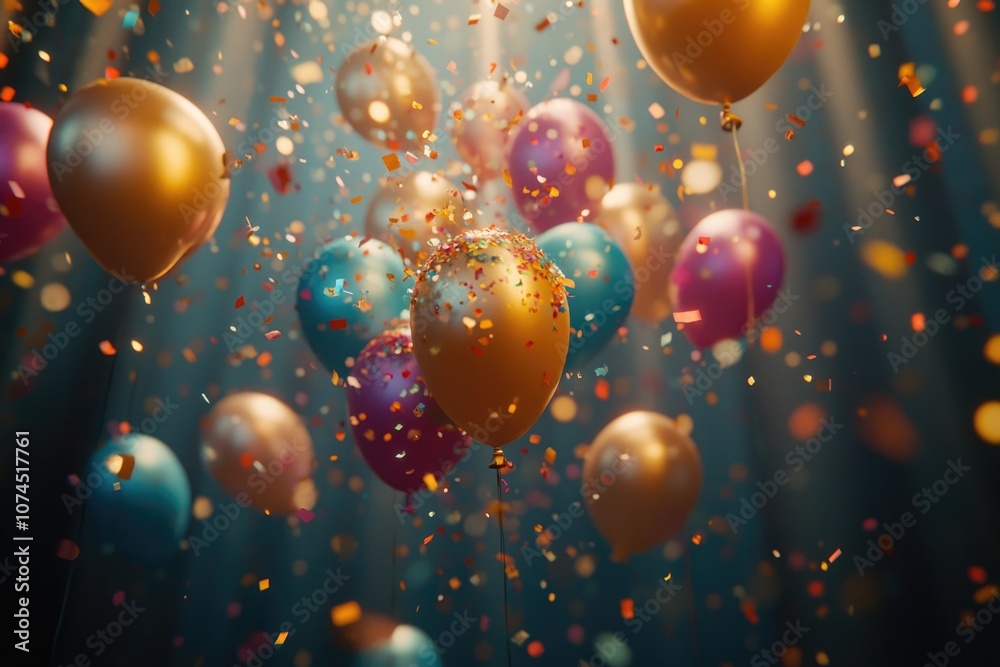 Colorful balloons filled with confetti floating in the air, great for celebrations and parties