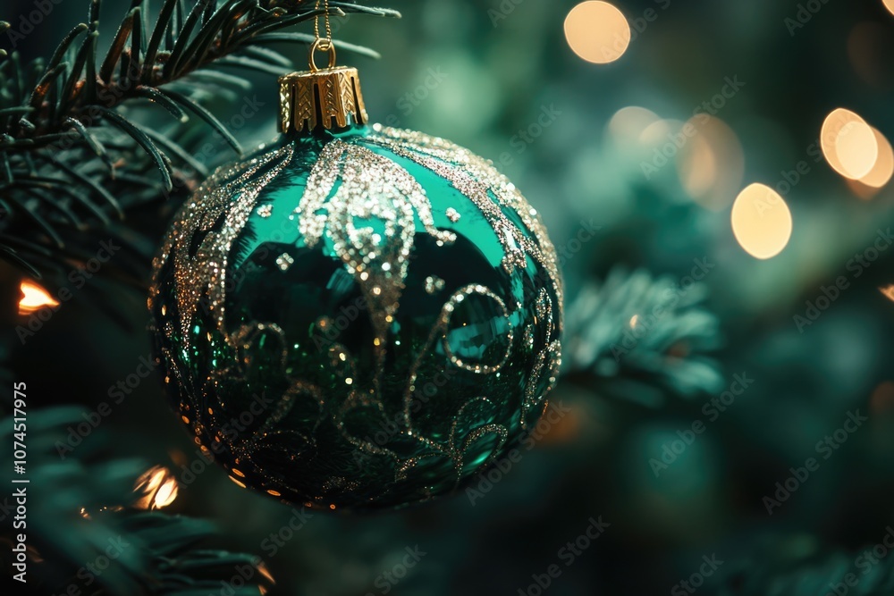 A decorative Christmas ornament on a festive tree branch A decorative Christmas ornament on a festive tree branch