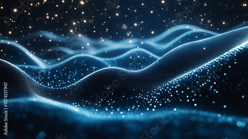 Futuristic technological background with waves and lights. Wallpaper with water and bokeh effect. Abstract background with a cosmic sky and stars. Futuristic wallpapers with unusual nebulae. Banner