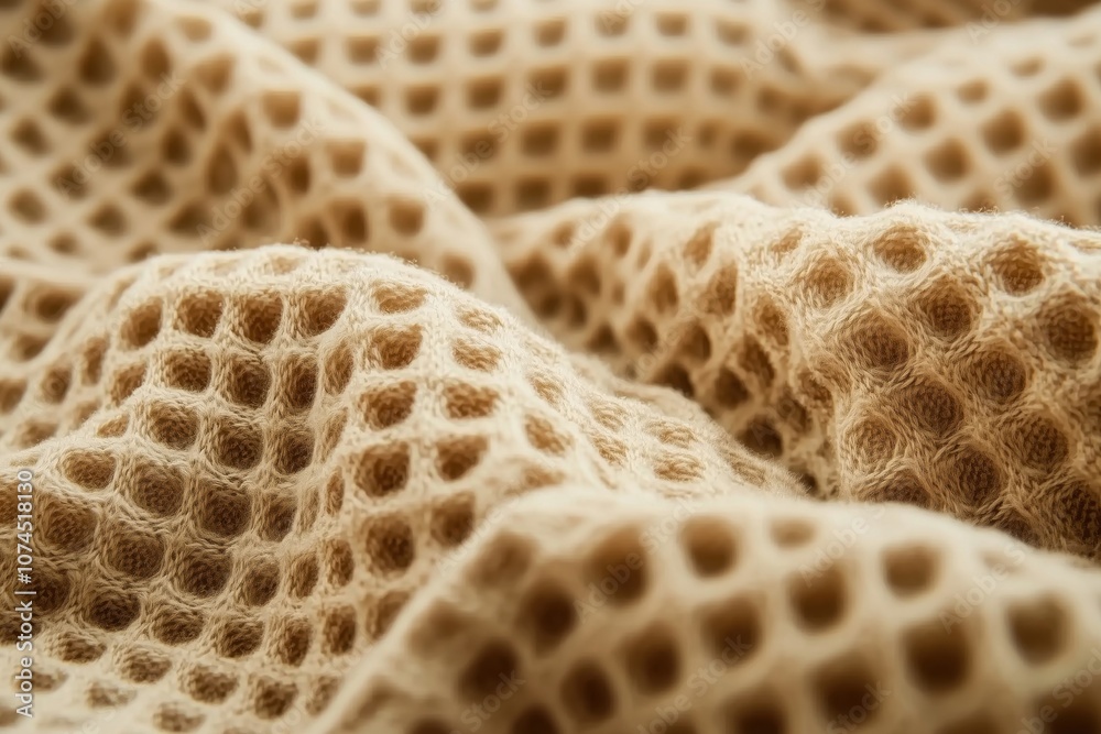 Textured fabric close-up, soft beige waffle weave pattern, cozy appearance Textured fabric close-up, soft beige waffle weave pattern, cozy appearance