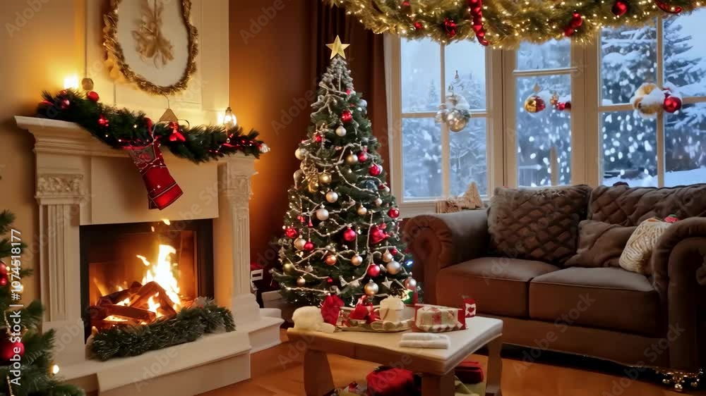 A cozy and elegant living room decorated for Christmas, featuring two beautifully lit trees, a glowing fireplace, garlands, and wrapped gifts, with a snowy window view. A cozy and elegant living room decorated for Christmas, featuring two beautifully lit trees, a glowing fireplace, garlands, and wrapped gifts, with a snowy window view.