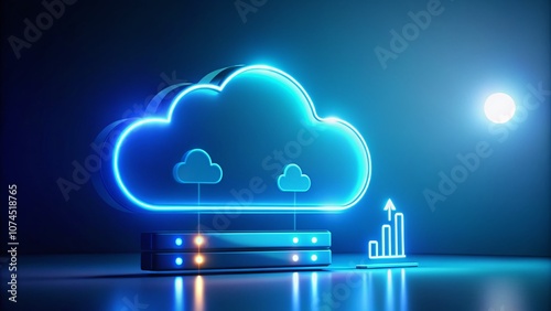 Night Photography of Cloud Computing Infrastructure with Upload and Download Arrows, Loading Bar on Minimal Blue Background, Symbolizing Data Storage and Transfer Services