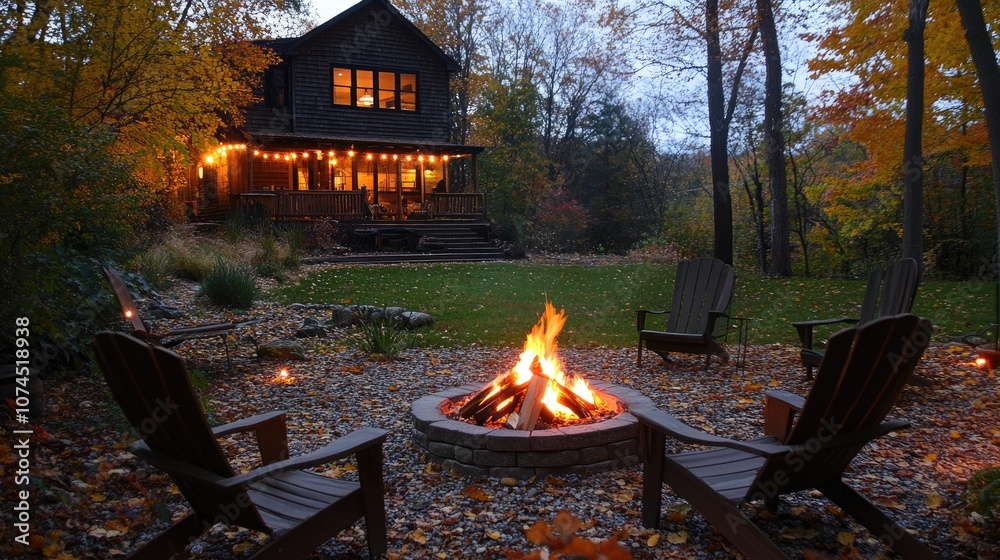Cozy cabin with a bonfire in the yard. Perfect for showcasing a relaxing autumn evening with family and friends. Cozy cabin with a bonfire in the yard. Perfect for showcasing a relaxing autumn evening with family and friends.
