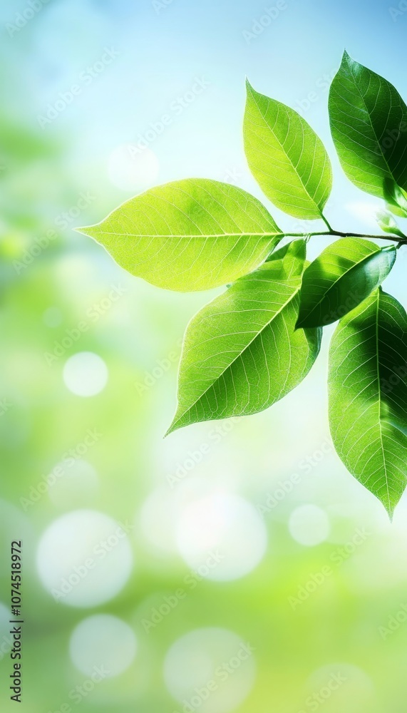 Naklejka premium Fresh Green Leaves on Branch, Springtime Nature Background with Bright Sunlight, Renewal, Growth