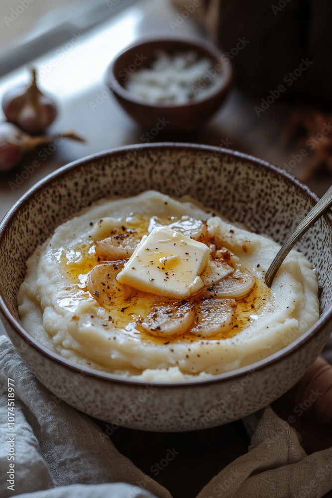 A bowl of garlic mashed potatoes topped with butter and roasted garlic cloves for extra flavor A bowl of garlic mashed potatoes topped with butter and roasted garlic cloves for extra flavor