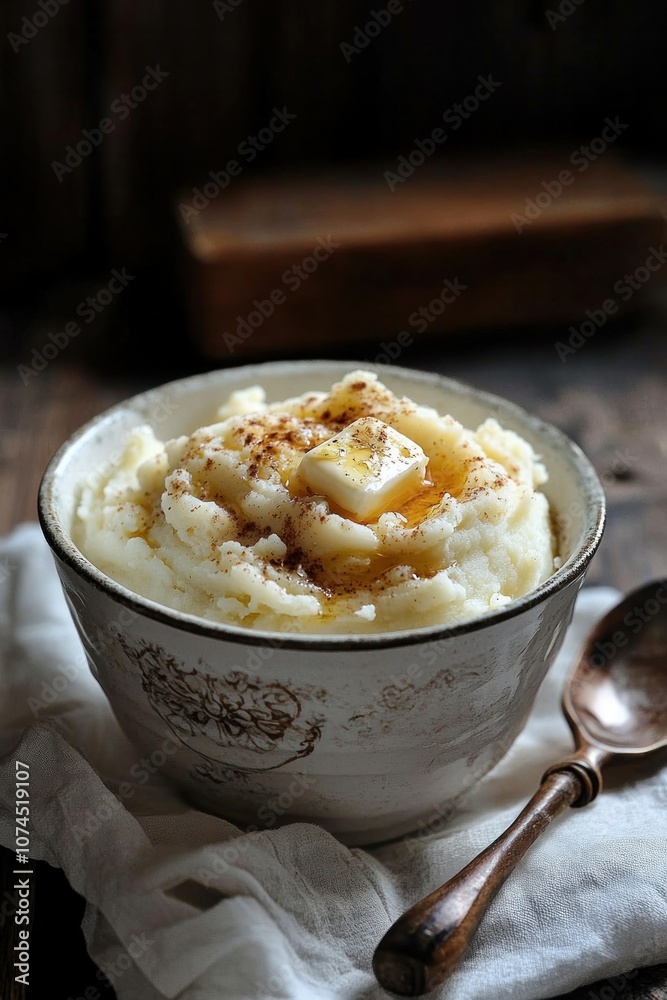 A bowl of garlic mashed potatoes topped with butter and roasted garlic cloves for extra flavor A bowl of garlic mashed potatoes topped with butter and roasted garlic cloves for extra flavor