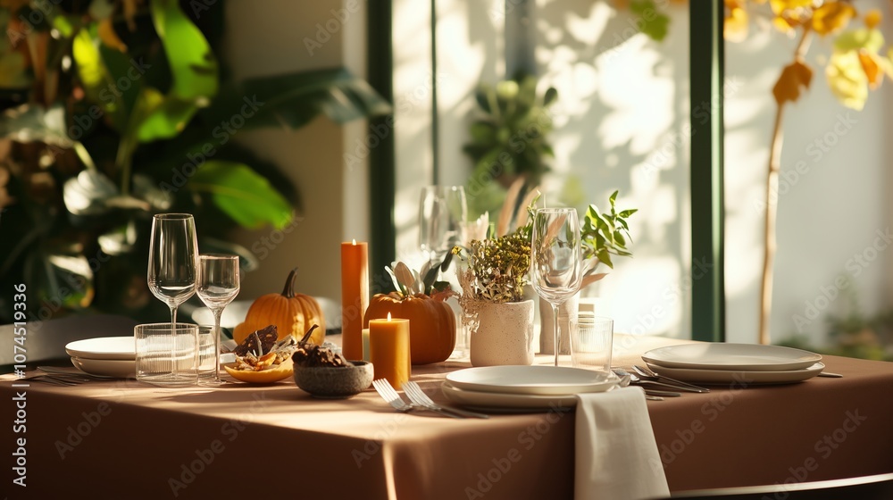 Elegant autumn dining setup featuring seasonal decor and warm lighting in a cozy indoor space