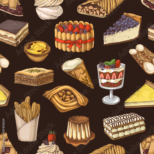 Hand drawn pastry seamless vector pattern