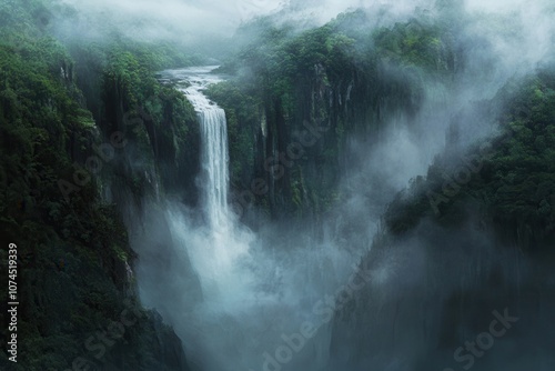 Foggy Waterfall in a Dense Forest: A majestic waterfall flowing through a dense, lush forest shrouded in fog