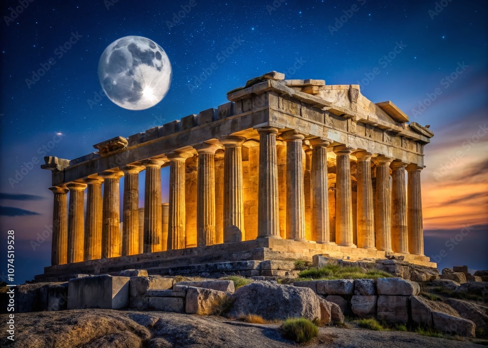 Obraz premium Nighttime View of the Parthenon in Athens Illuminated by a Full Moon, Capturing the Timeless Beauty of Ancient Greek Architecture Against a Starry Sky