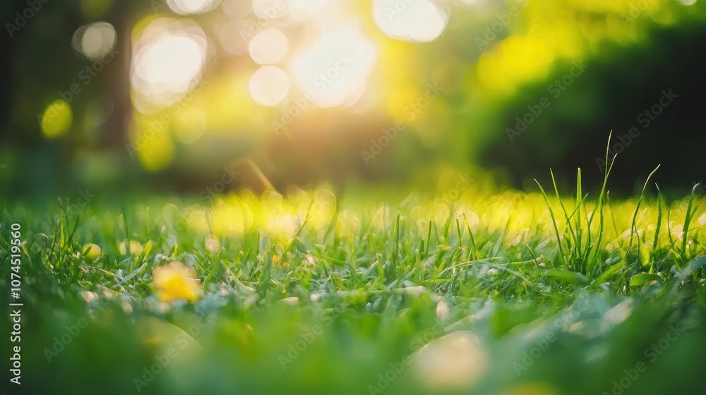 Fototapeta premium Lush Green Grass in Sunlight with Blurry Background Featuring Soft Bokeh Effect of Nature's Beauty in a Tranquil Outdoor Setting During Golden Hour