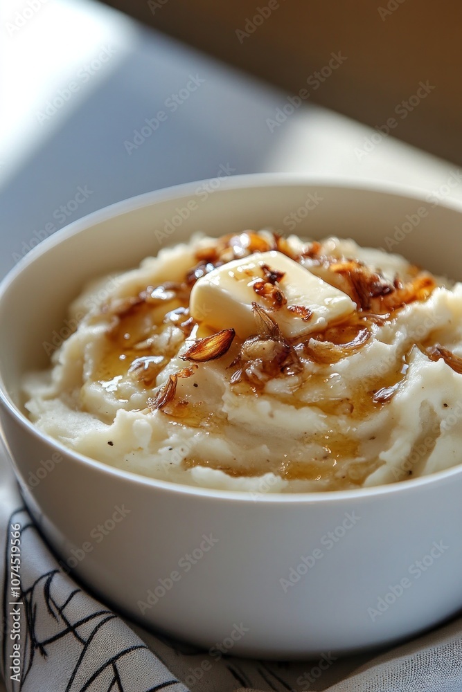 A bowl of garlic mashed potatoes topped with butter and roasted garlic cloves for extra flavor A bowl of garlic mashed potatoes topped with butter and roasted garlic cloves for extra flavor