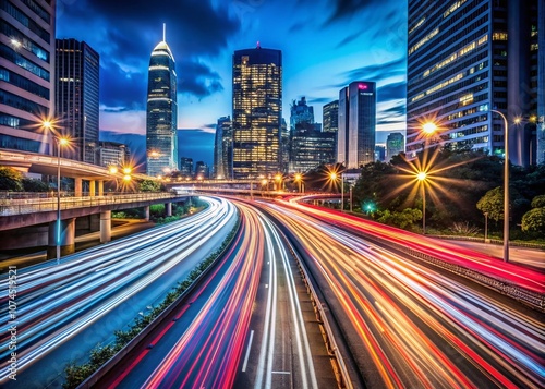 Nighttime Urban Highway Traffic Flow in Downtown City with Dynamic Headlight Trails and Car Lights Representing Data Movement and Travel Concepts