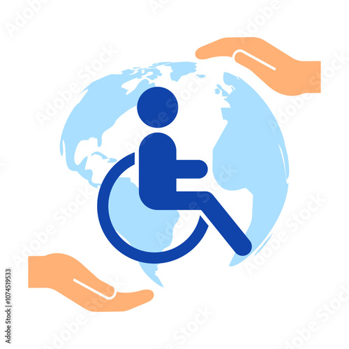 Vector illustration of wheelchair icon with world map in hands on transparent background