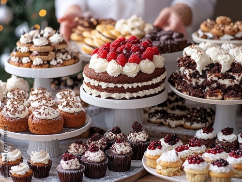 An array of beautifully decorated cakes and desserts showcasing a delightful variety.