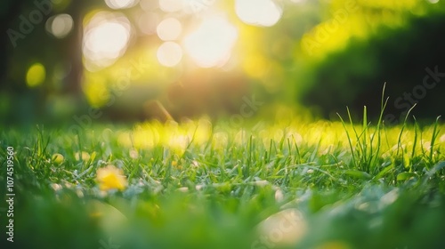 Lush Green Grass in Sunlight with Blurry Background Featuring Soft Bokeh Effect of Nature's Beauty in a Tranquil Outdoor Setting During Golden Hour