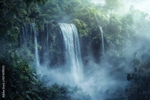 Foggy Waterfall in a Dense Forest: A majestic waterfall flowing through a dense, lush forest shrouded in fog