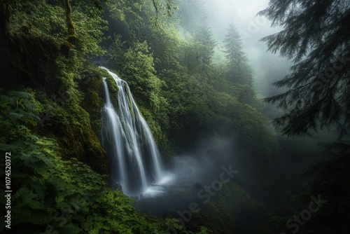 Foggy Waterfall in a Dense Forest: A majestic waterfall flowing through a dense, lush forest shrouded in fog