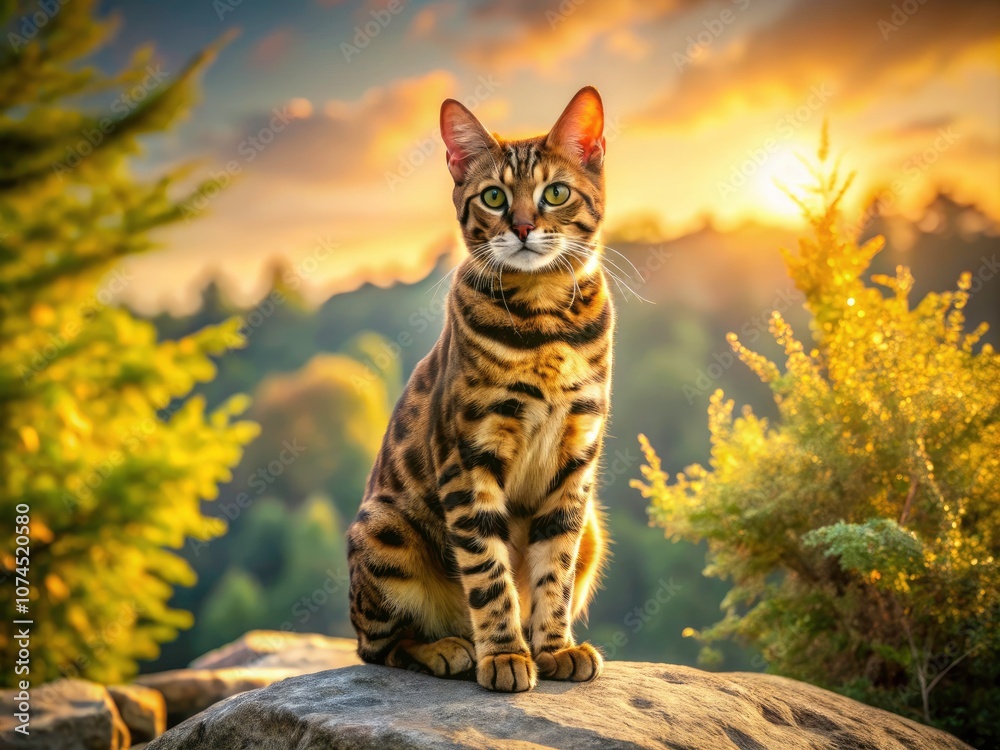 Obraz premium Majestic Bengal Cat in Golden Sunlight - Perfect Outdoor Scene for Pet and Nature Lovers